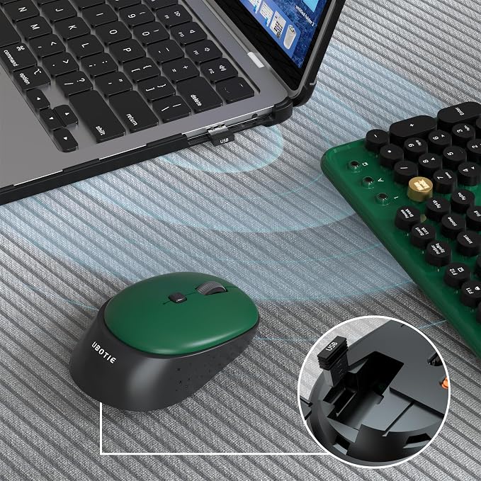 Colorful Wireless Computer Keyboards Mouse Combos (Green-Black) | UBOTIE Polychrome Round Keycaps Retro PC keyboards 2.4GHz Radio Frequency Connection With Optical Mouse Power Switch - Image 4
