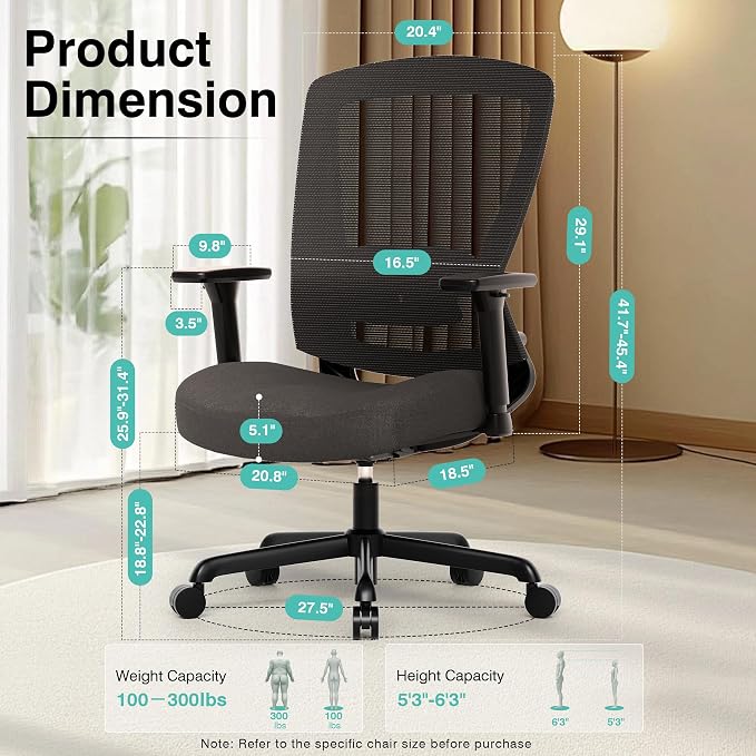 Mesh Office Chair,Ergonomic Computer Desk Chair,Sturdy Task Chair- Adjustable Lumbar Support & Armrests,Tilt Function,Comfort Wide Seat,Swivel Home Office Chair (Noir Black) - Image 6