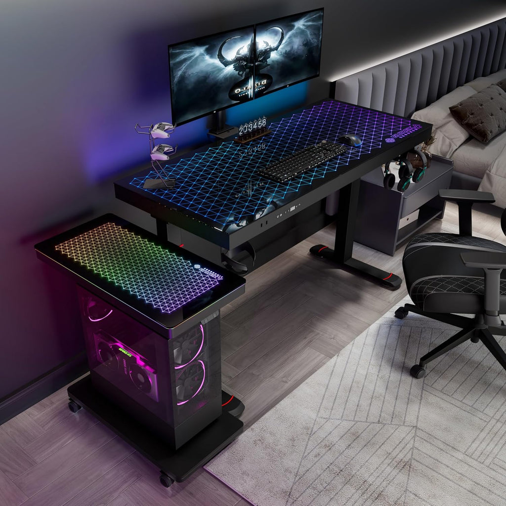 EUREKA ERGONOMIC Height Adjustable Computer Tower Stand, Illuminated Glass Panel PC Stand w/RGB Lights, 2-Tier CPU Holder Cart Under Desk, PC Floor Stand for Office Gaming, APP Control - Image 2