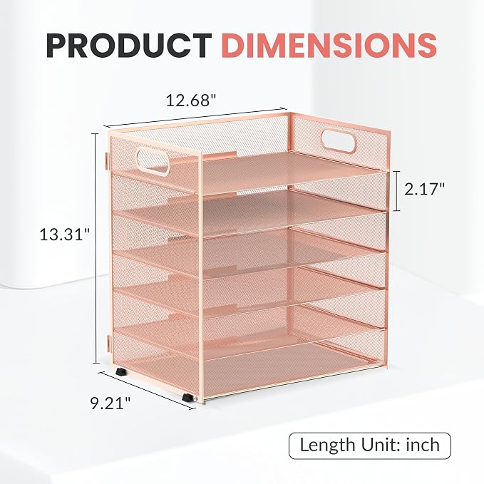 Daltack 6-Tier Paper Organizer for Desk with Handle, Rose Gold | Sturdy Metal Mesh Organizer with Movable Middle Trays and a Carry Handle for Papers, Folders and Office Supplies - Image 2
