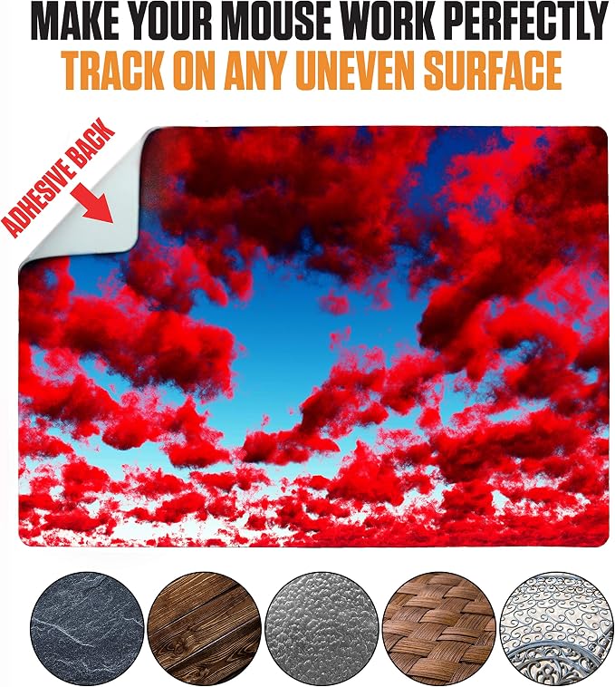 Mouse Pad Adhesive Bottom - Sticks to Any Surface - Portable - Webcam Covers and Screen Cleaner Included (RED Clouds) - Image 4