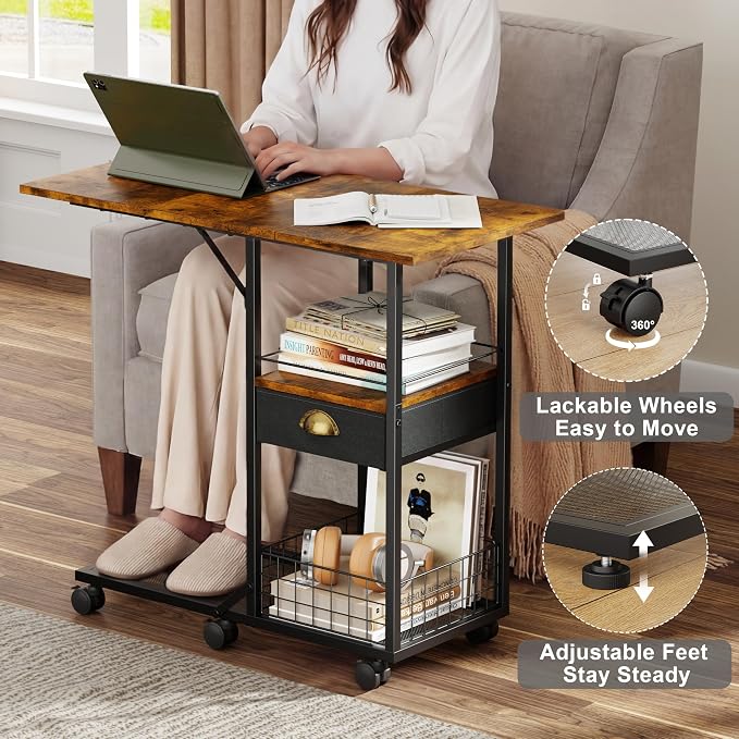 Rolling Coffee Table with Oversized Double-Wide Wood Top, Mobile Tv Tray with Storage Drawer and Wheels for Sofa, Portable Side Table for Living Room, Home Office, Spacious Desk for Working Studying - Image 4