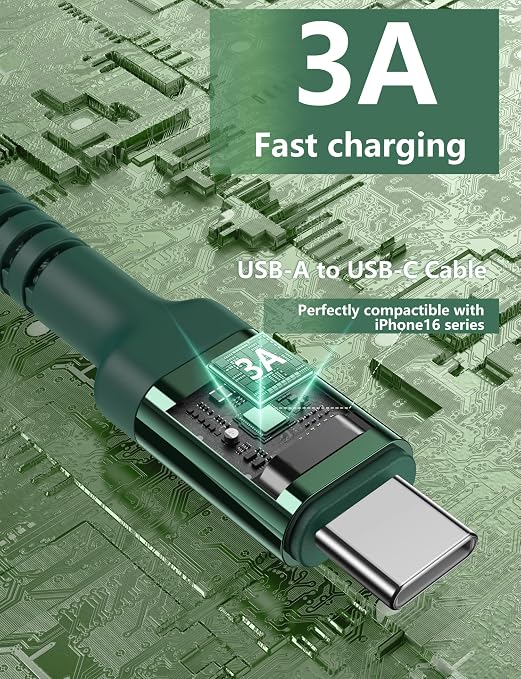 USB to USB C Cable Fast Charging 10FT USB A to USB C Charger Cord, Upgraded | Extra Durable Braided USBC Cable Compatible with iPhone 17 16 15 Pro Max,Samsung Galaxy S10 S9 Plus More-Green 2 Pack - Image 3