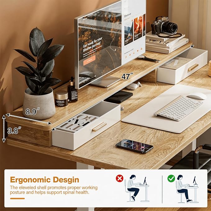 Grandder Electric Standing Desk with Two Drawers, Sit to Stand Up Height Adjustable Desk with Storage Shelf for Home Office, 47 * 24 Inch, Study, Ergonomic Adjustable Computer Desk, Oak - Image 4