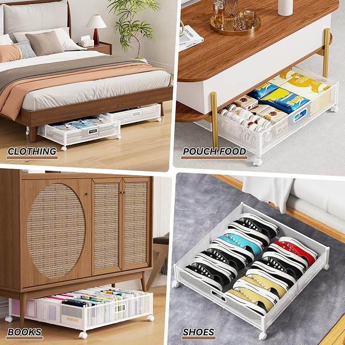 PHINOX Under Bed Storage with Wheels & Handle,Metal,Large,4 Pack,White | Tool-free assembly,glide smoothly,easy reach,foldable,maxmazie low-profile beds,dorm,keep seasonal clothes,shoes,sockes fresh - Image 5