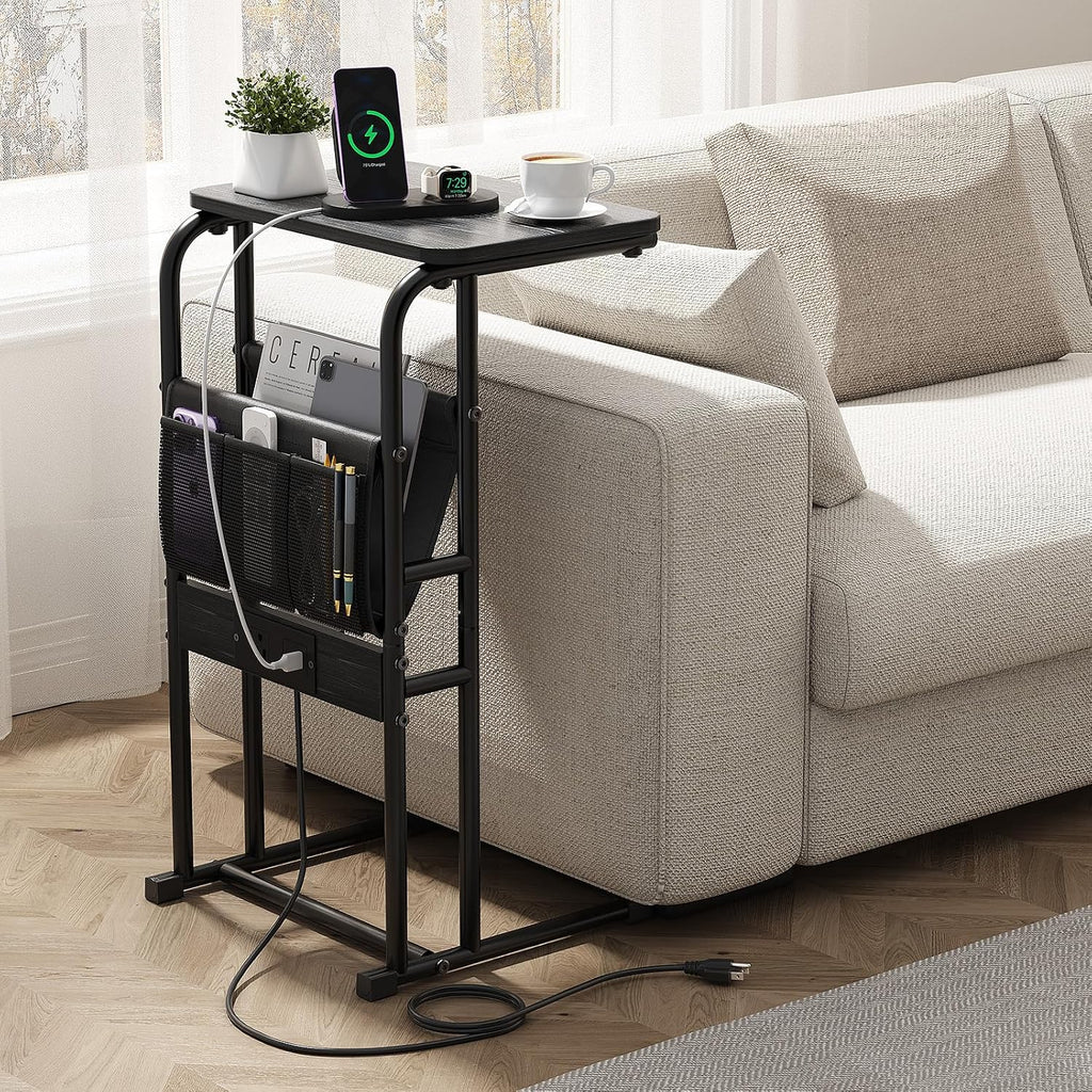 C-Shaped End Table with Charging Station and Storage Bag Black by Olldide