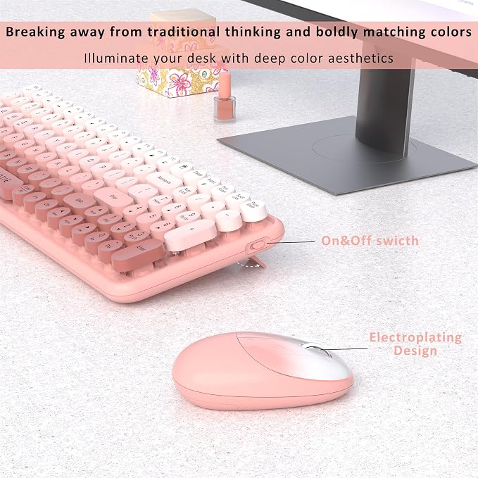 UBOTIE Wireless Keyboards and Mouse Combo (Peach Gradient) | Colorful Gradient Rainbow Color Retro Typewriter Flexible Keyboard, 2.4GHz Connection and Optical Mouse for PC Wins Mac - Image 4