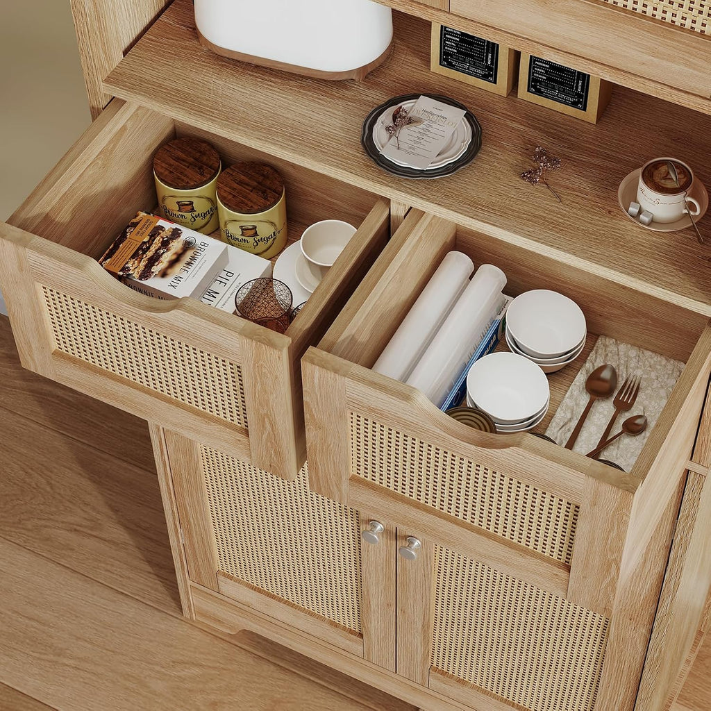 57.8" H Tall Storage Cabinet with 2 Drawers & 2 Adjustable Shelves, Rattan Cabinets with 4 Doors, Cupboard, Kitchen Cabinets, Pantry Cabinet, Tall Cabinet for Living Room, Entryway, Natural - Image 7