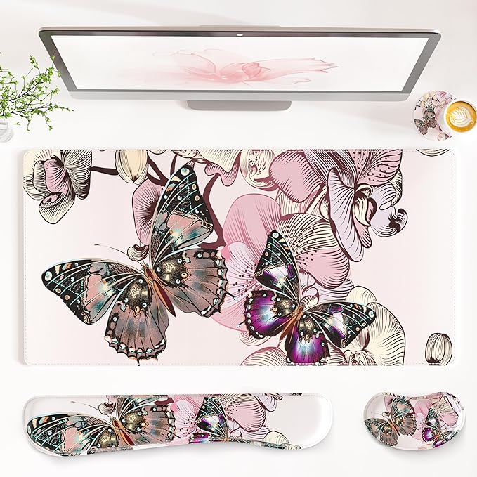 QIYI PU Leather Desk Mat Set, 4-in-1 Ergonomic Wrist Rest, Butterflies | Waterproof Large Mouse Pad 31.5×15.7 + Keyboard Wrist Rest + Mouse Wrist Support+Coaster, Non-Slip Office Gaming Accessories by QIYI