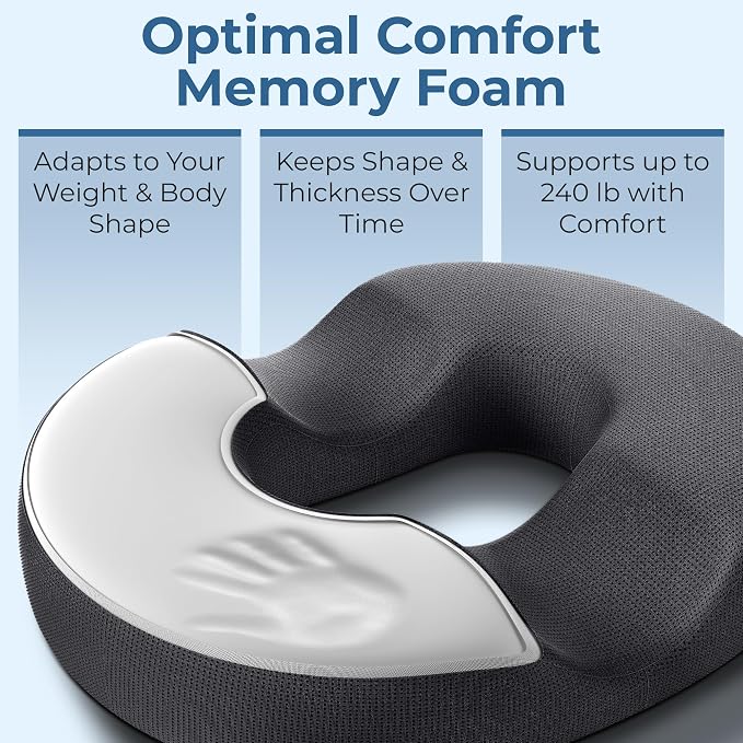 5 STARS UNITED Donut Pillow for Tailbone Pain & Hemorrhoids – Large Memory Foam Seat Cushion for Bed Sore-Prone Areas & Pressure Relief – Prostate, Postpartum & Pregnancy Support, Gray Mesh Cover - Image 5