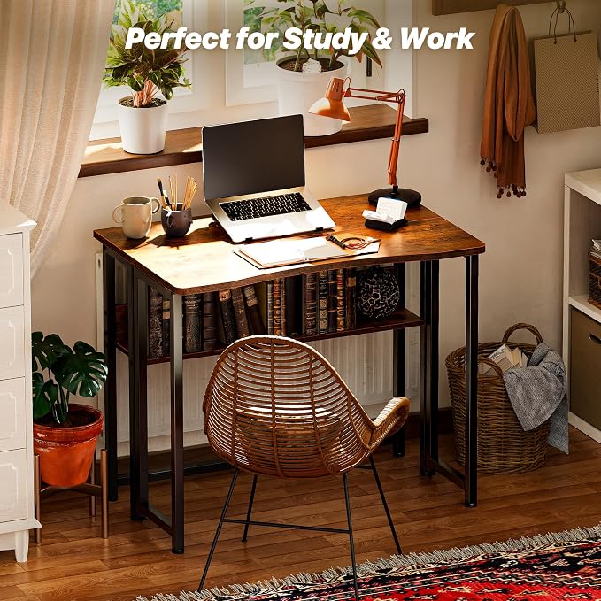 Huuger Folding Desk with Storage Shelf, 31.5 Inch Foldable Computer Table | Writing Work Office Computer Desk for Small Spaces, Space Saving Sofa Table for Couch, Easy to Fold, Rustic Brown - Image 8