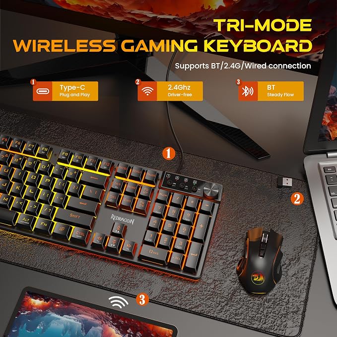Redragon K521WL Wireless Gaming Keyboard with Knob, Tri-Mode BT/2.4G/USB-C RGB Mechanical Feeling Keyboard with Multimedia Keys, 4000mAh Battery, Anti-Ghosting, Compatible with PC - Upgrade - Image 3