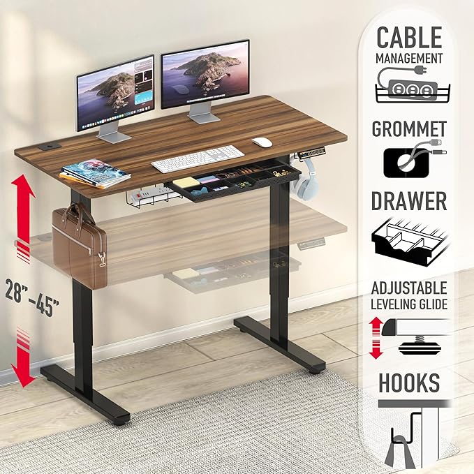 SHW 48-Inch Electric Height Adjustable Standing Desk w/Drawer, Walnut | w/ Memory Presets and Cable Management | Drawer with adjustable compartments | Hanging Hooks - Image 4