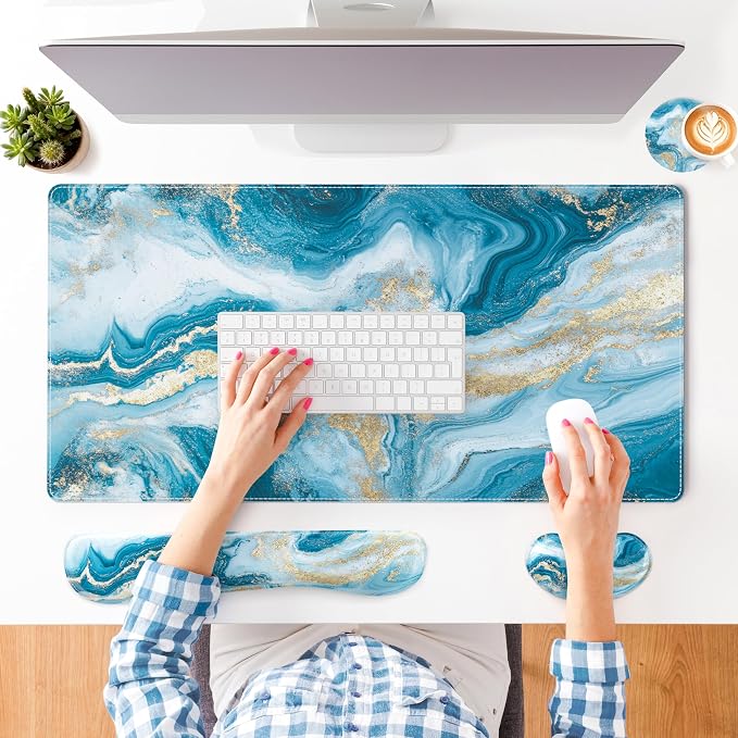 QIYI PU Leather Desk Mat Set, 4-in-1 Ergonomic Wrist Rest, Blue Fluid Art | Waterproof Large Mouse Pad 31.5×15.7 + Keyboard Wrist Rest + Mouse Wrist Support+Coaster, Non-Slip Office Gaming Accessories - Image 8