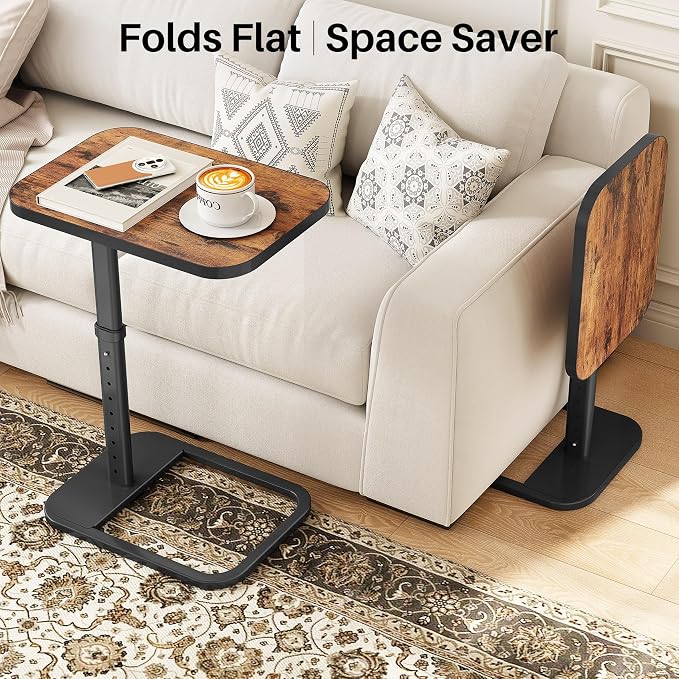 Kitstorack Upgraded TV Tray Table with Panel Lock, 90° Flip-Over Design & Adjustable Height, Sofa Arm Side Table for Eating, Laptop, Couch, Bed, or Small Spaces, Brown - Image 7