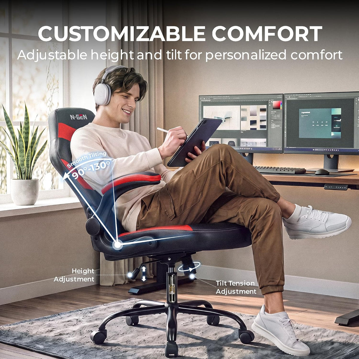 N-GEN Gaming Gaming Chair, Lumbar, PU Leather, Flip-Up Arms, Classic Red - Image 7