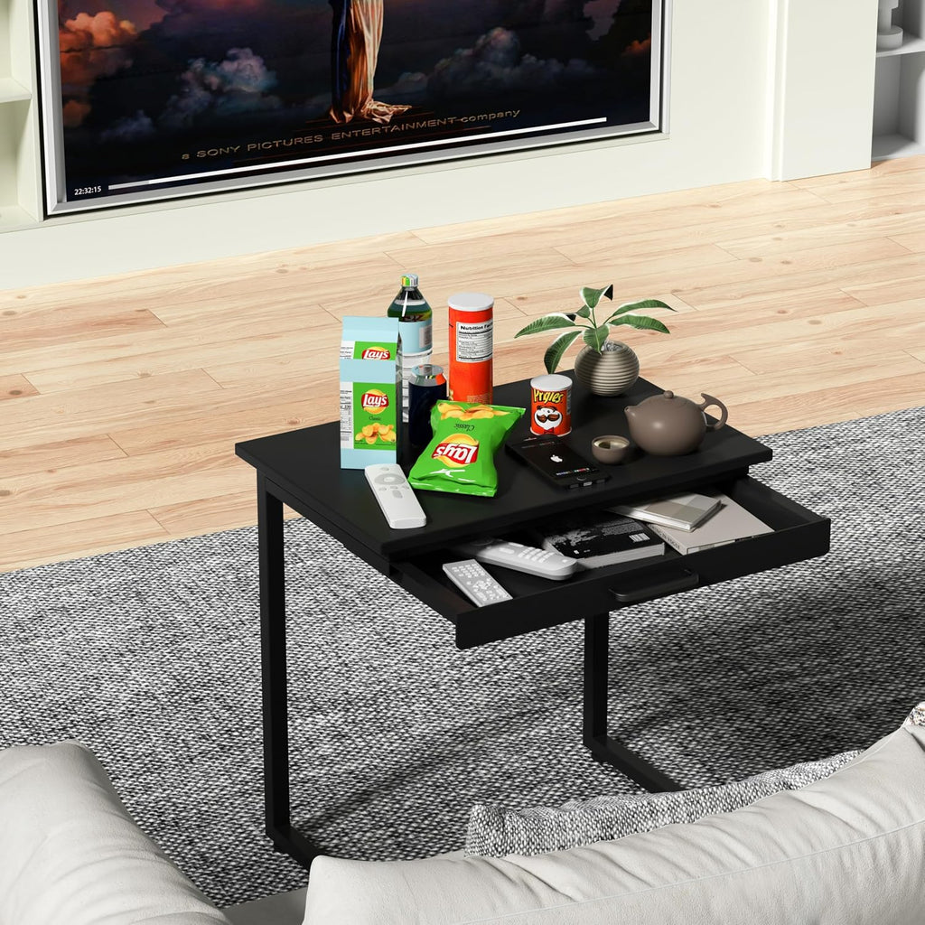 C Shaped End Table,Small Couch Side Table with Drawer,for Living Room, Bedroom Magazines, Computers, Coffee, Small Objects Storage.Black - Image 2