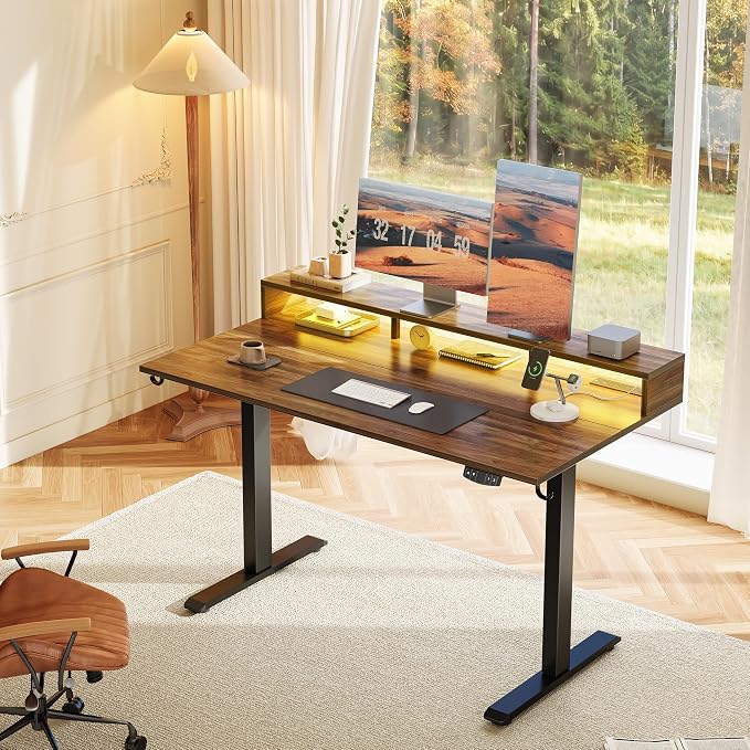 Klicelor Electric Standing Desk with Shelf, 55 Inch Height Adjustable Desk with Power Outlets & LED, Sit Stand Up Table with Monitor Stand, Computer Workstation for Home Office, Dark Walnut - Image 2