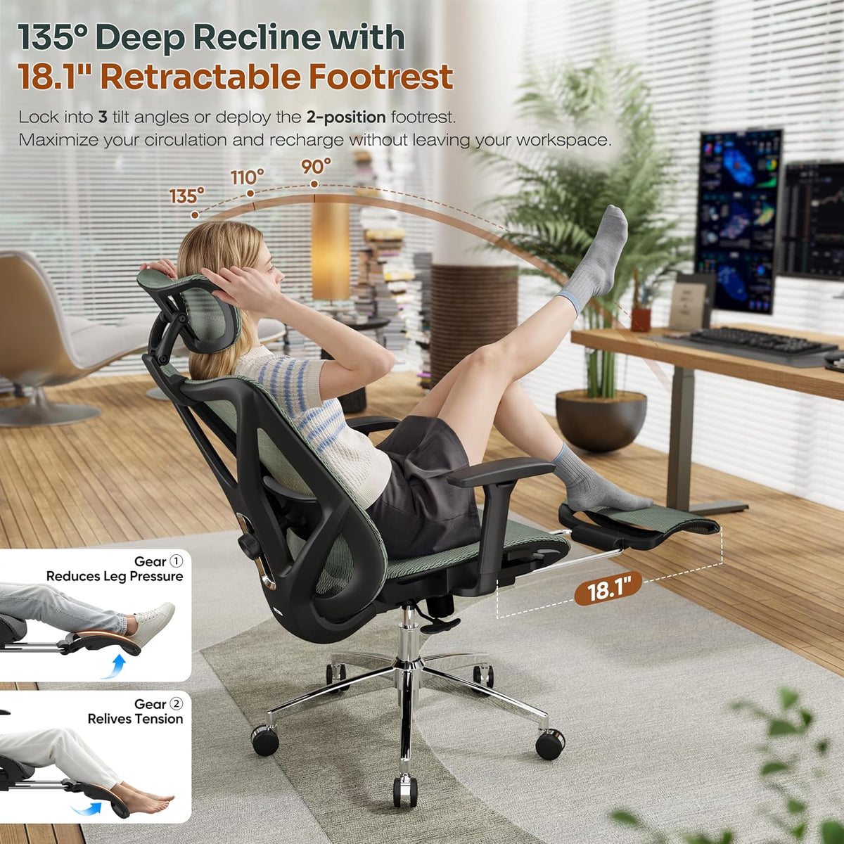 Ergonomic Office Chair with Adjustable Lumbar Support, 3D Armrests & Headrest, 135° Reclining Chair with Footrest & Large Steel Base,300LBS Swivel Desk Chair(GYMN01-JG) - Image 5