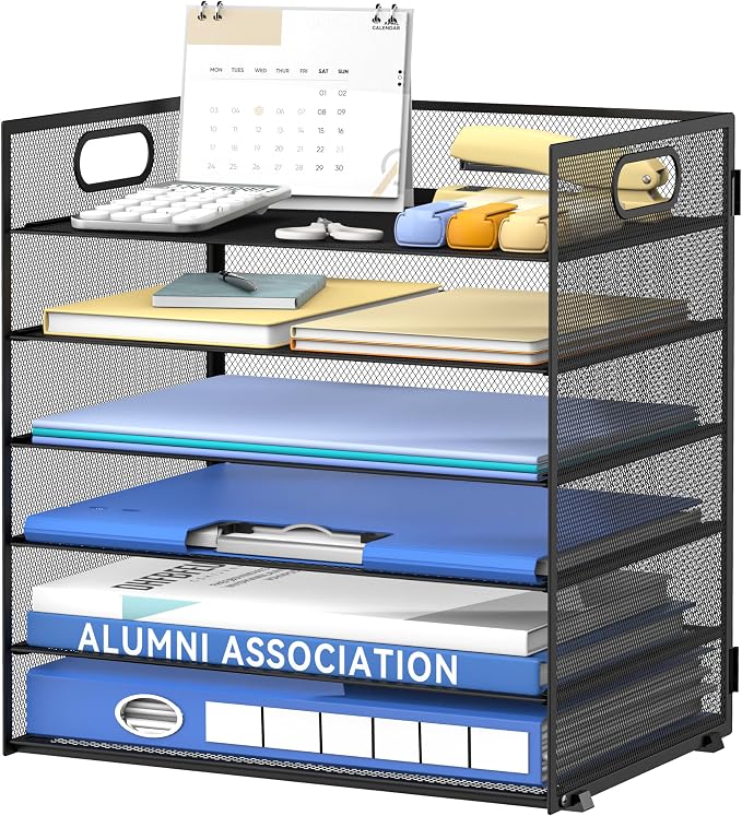 Daltack 6-Tier Paper Organizer for Desk with Handle, Black | Sturdy Metal Mesh Organizer with Movable Middle Trays and a Carry Handle for Papers, Folders and Office Supplies by DALTACK