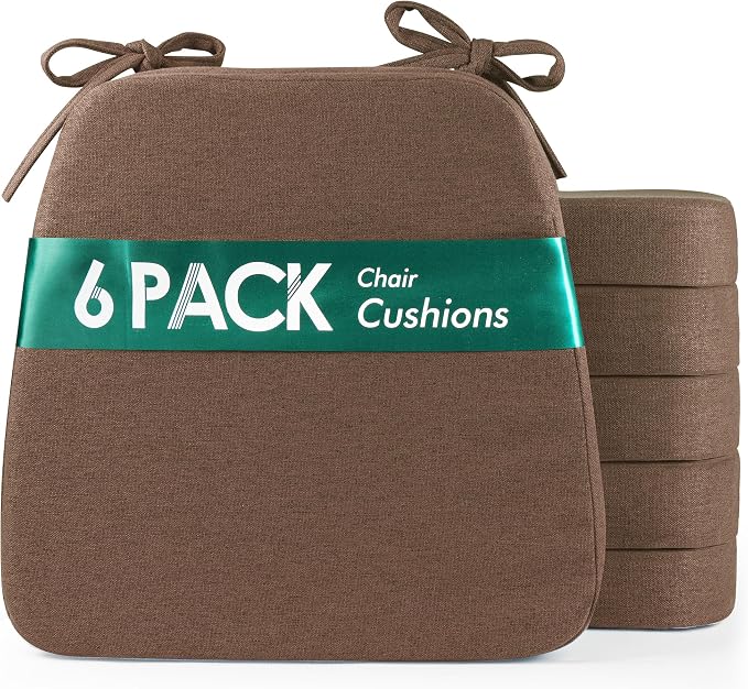 kingphenix Chair Cushions for Dining Chairs, Set of 6, 2.5 Inches Thick | High-Density Foam Kitchen Chair Cushions with Ties, Non-Slip Bottom and Removable Machine-Washable Covers, 17 x 16 in, Brown by kingphenix