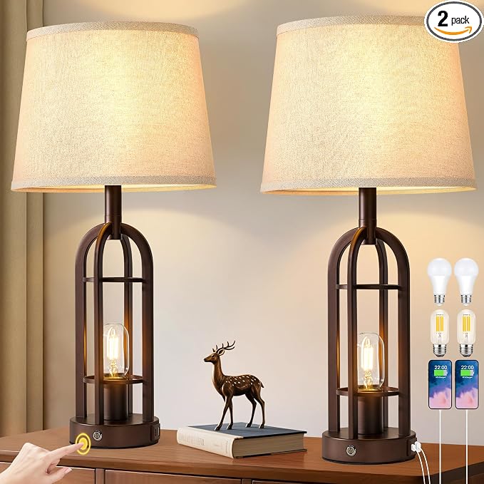 SRJJA 24" Table Lamps for Living Room Set of 2, Rustic Farmhouse 3-Way Dimmable Touch Industrial Bedside Lamps with USB A+C for Bedroom Nightstand，4 Bulbs Included by SRJJA
