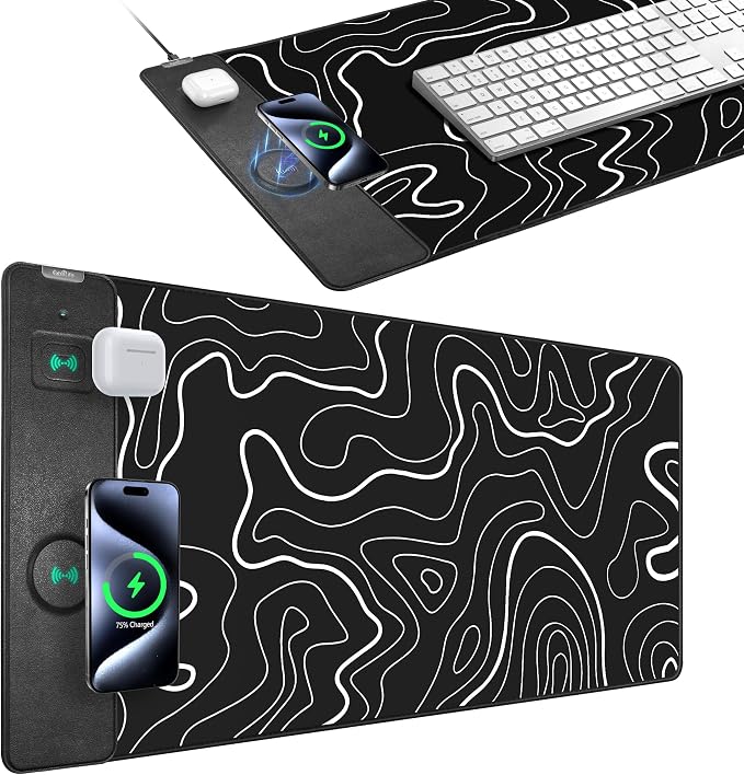 Magnetic Wireless Charging Mouse Pad, 31.5"x15.8" XXL Desk Mat | Gaming Mousepad, Ultra-Smooth Surface, Non-Slip Rubber Base, Waterproof Computer Keyboard Pad, Black and Topographic Line by ExtreLife