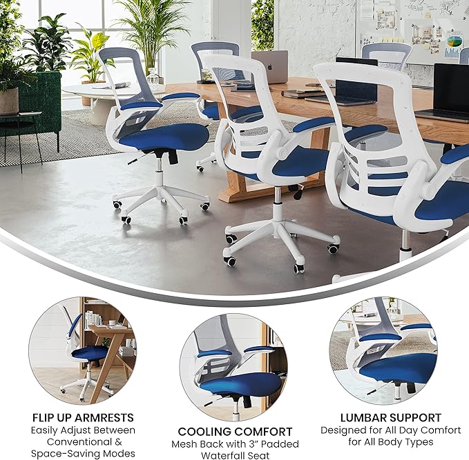 Flash Furniture Kelista Office Chair, Ergonomic, Mid-Back, White Frame, Blue Mesh with Swivel | White Frame, Mid-Back, Flip-Up Arms, Mesh Back - Image 4