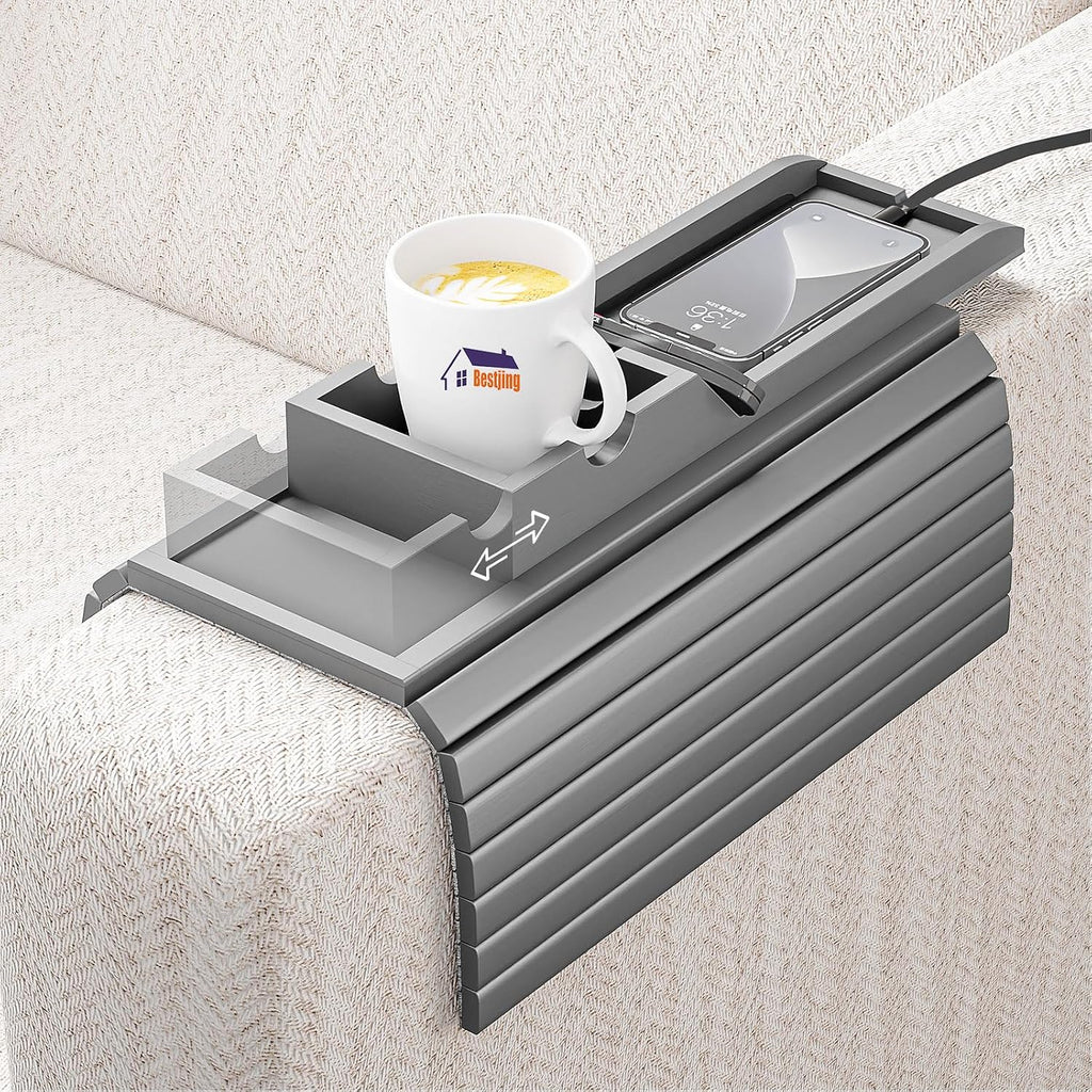 Bamboo Couch Armrest Table with Detachable Cup Holder Tray (Gray) by Bestjing