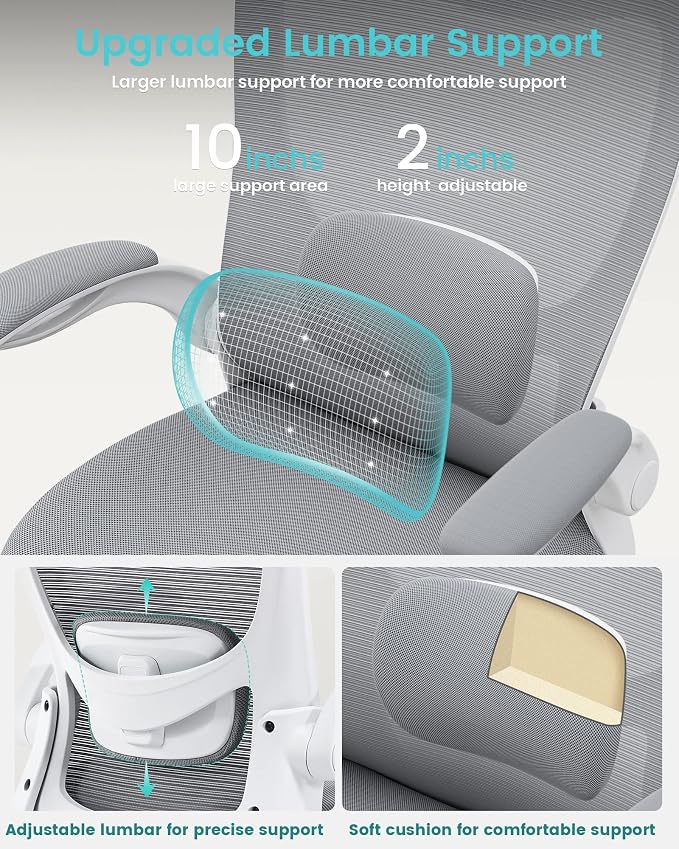 Office Chair, Ergonomic Desk Chair with Adjustable Lumbar Support and Flip up Armrest, Breathable Mesh Computer Chair for Home Office, Gray - Image 5
