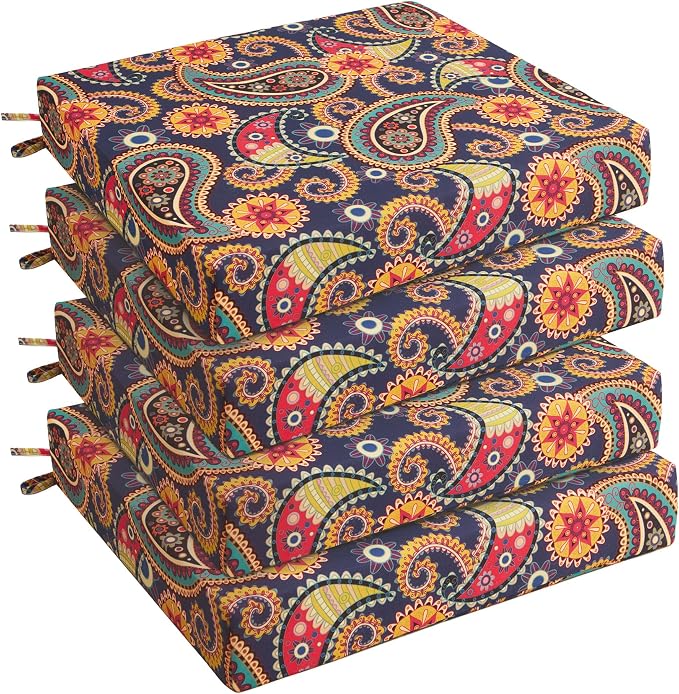 UNIKOME Outdoor Chair Cushions Pack of 4, Water Resistant Patio Cushions with Ties, High Density Sponge Filling Square Corner Seat Cushions for Outdoor Furniture, 18.5"*16"*3", Palmira Paisley by UNIKOME