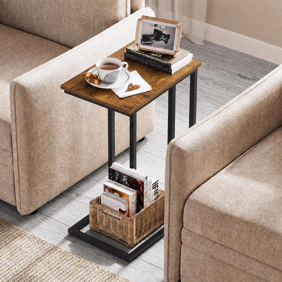 WLIVE C Shaped End Table, Small Side Table for Couch, Sofa, TV Tray C Table for Living Room, Bedroom, Home Office, Small Spaces, Rustic Brown - Image 2