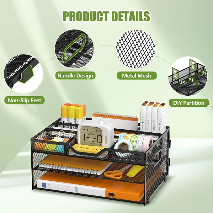 3 Tier Metal Desk Organizer with Magazine File Holder, Black | Space saving workspace desk file trays. Includes pencil holder and portable handles. Ideal for school and office supplies - Image 3