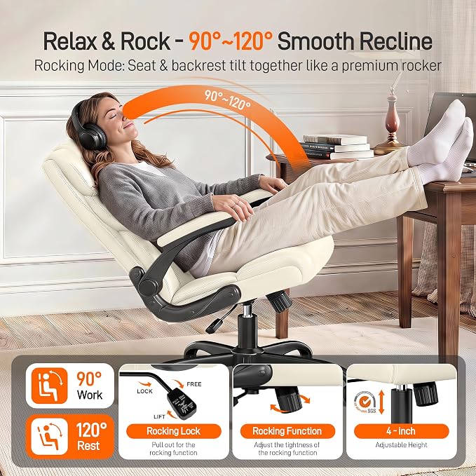 Office Chair, Executive Mid-Back Computer Desk Chair with Flip-up Armrests | 300 Lbs Ergonomic Leather Swivel PC Chair with Rock Function for Working Studying (Creamy White) - Image 3