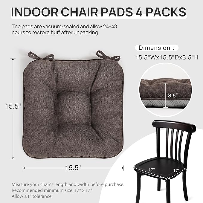 Love's cabin Memory Foam Chair Cushions Set of 4, 15.5 Inch, Coffee | 15.5"x15.5"x3.5", Indoor & Outdoor Chair Seat Pads with Non-slip Bottom and Ties, for Dining, Kitchen, Office and Patio Chair - Image 2