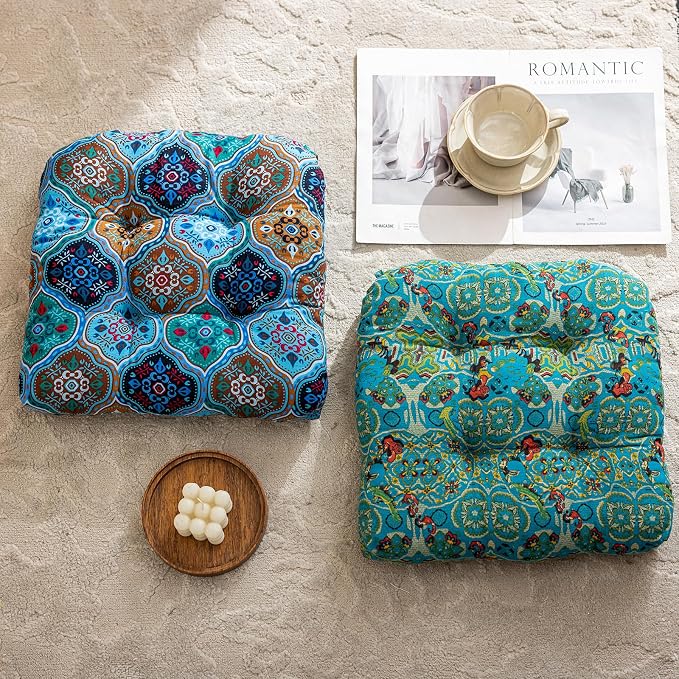 vctops Boho Geometric Chair Cushions with Ties U-Shaped Soft Cozy Cotton Linen Chair Pads Non Slip Seat Cushions for Indoor Dining Room and Kitchen Chairs (Blue,18"x18") - Image 5