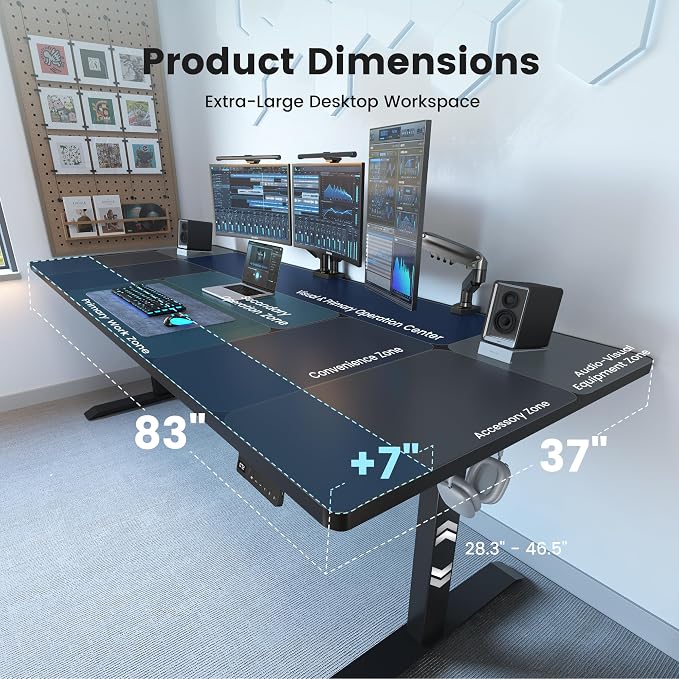 FEZIBO Standing Desk 83 × 37 Inch Electric Height Adjustable, Black | 1" Thick Large Adjustable Desk with Integrated Dual-Beam, Cable Management, Computer Desk for Home Office Workstation - Image 3