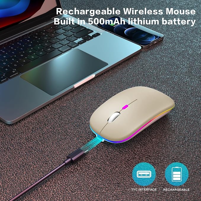 AIKOKOK Wireless Mouse, Bluetooth Mouse Rechargeable Dual Mode, Gold | BT 5.2 & 2.4G USB Receiver, 3 Adjustable DPI,LED Lights,Slim,Silent,Portable Computer Mouse for Laptop,PC,MacBook,iPad,Tablet - Image 3