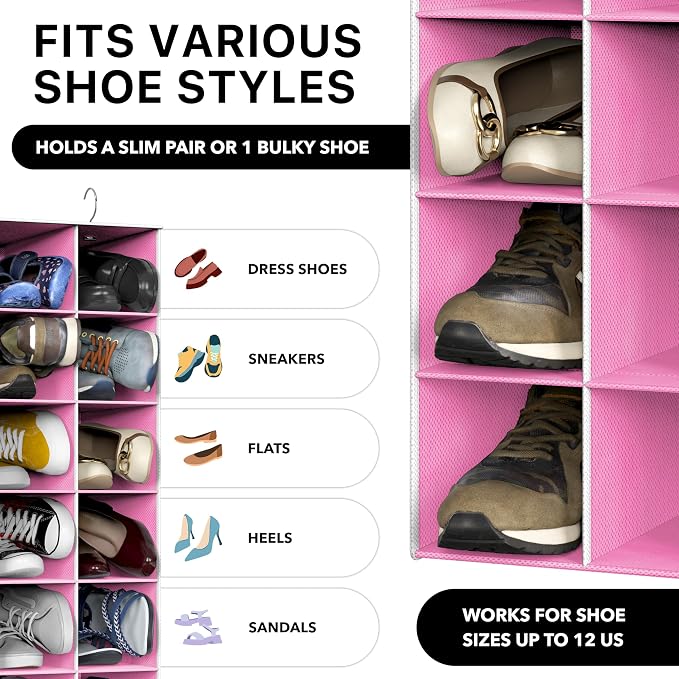 Simple Houseware 20 Section Shelves Hanging Shoes Organizer, Pink | Dual Metal Hooks, 10 Tier, Holds Up to 20 lbs, for Narrow Space - Image 4