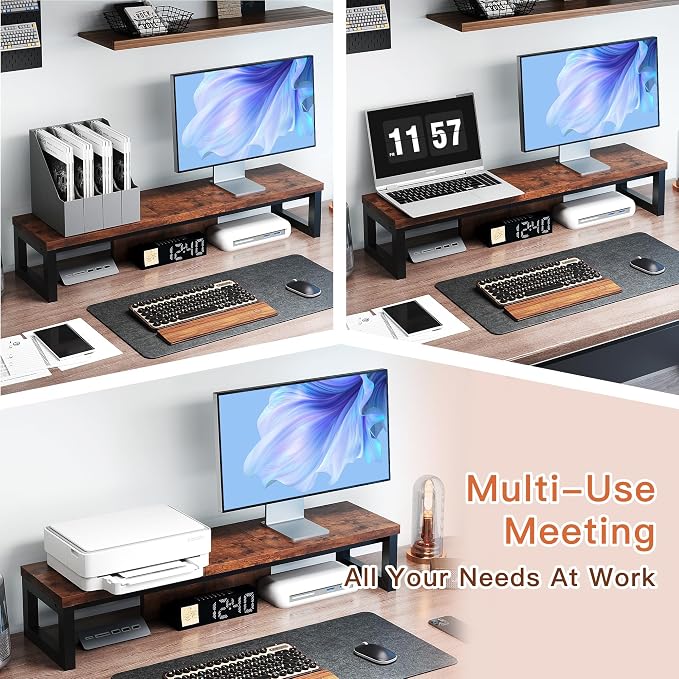 Dual Monitor Stand Riser, Wood and Steel Monitor Riser, Long Computer Monitor Stands for 2 Monitors, Desk Shelf for Computer, Laptop, Printer, TV, Brown - Image 3