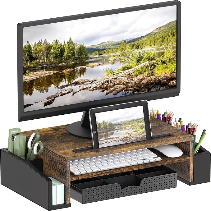 Simple Houseware Desk Monitor Stand Riser w/ Adjustable Tray, Rustic Brown | Built-In Tablet Slot and Side Storage by SimpleHouseware