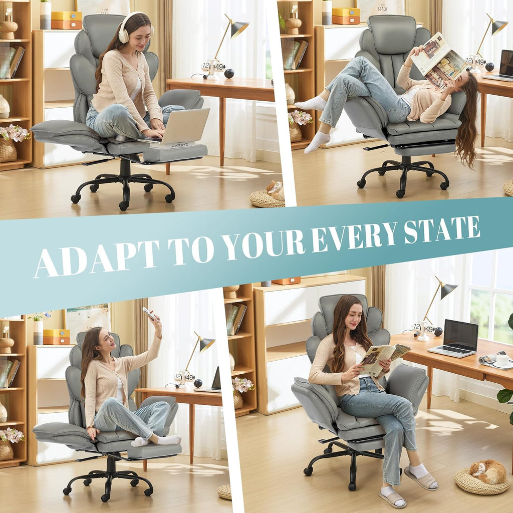 Flip Armrests Criss Cross Office Chair, Reclining Office Chair with Foot Rest, Adjustable Headrest, Massage Waist Pillow, Cross Legged Big and Tall Desk Chair Wide Seat Vanity Chair, Grey PU Leather - Image 8