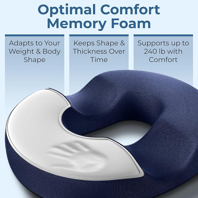 5 STARS UNITED Donut Pillow for Tailbone Pain & Hemorrhoids – Large Memory Foam Seat Cushion for Bed Sore-Prone Areas & Pressure Relief – Prostate, Postpartum & Pregnancy Support, Blue Mesh Cover - Image 5