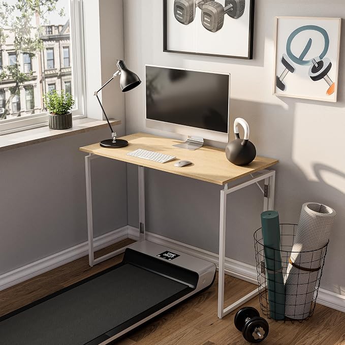 39.4" Folding Desk: No Assembly, Wood Top for Small Spaces | 39.4 in dual-monitor workspace, holds 150 lbs, folds flat to 2.3 in, splash-proof top, home office or gaming - Image 5
