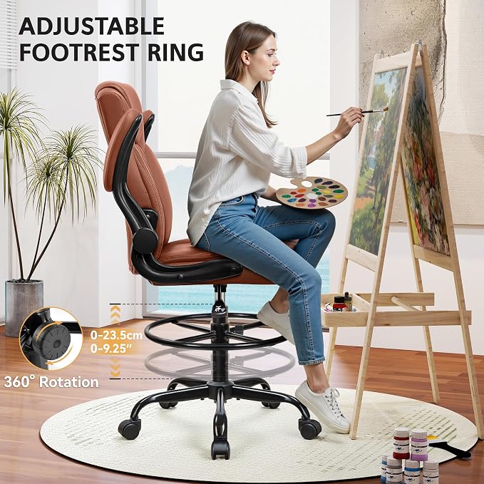 Drafting Chair, Tall Office Chair for Standing Desk, High Executive Leather Ergonomic Computer Chair with Adjustable Height and Flip-Up Armrest for Counter Height Desk, Brown, Pack of 1 - Image 7