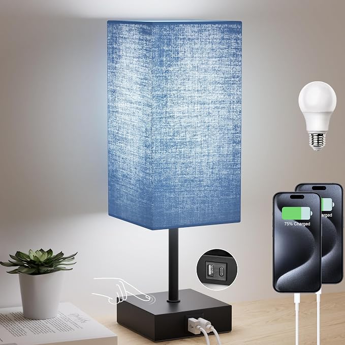 Bedside Table Lamp for Bedroom with 2USB Ports, 14-Inch, NavyBlue | USB A+C Ports, Touch 3-Way Dimmable LED Bulb Included Fabric Lampshade Metal Base Small Nightstand Lamp for Desk Living Room by Sailstar