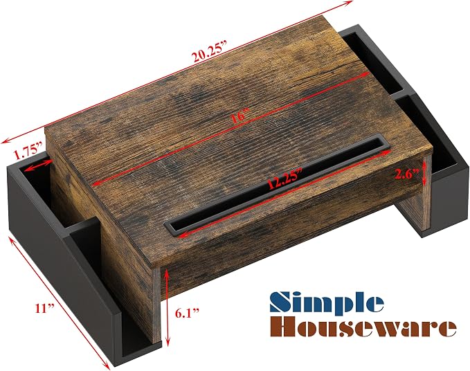 Simple Houseware Desk Monitor Stand Riser w/ Adjustable Tray, Rustic Brown | Built-In Tablet Slot and Side Storage - Image 4
