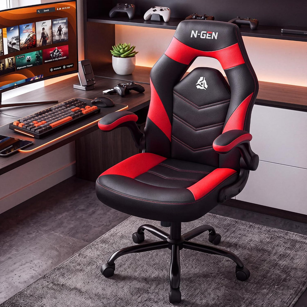 N-GEN Gaming Gaming Chair, Lumbar, PU Leather, Flip-Up Arms, Classic Red - Image 2