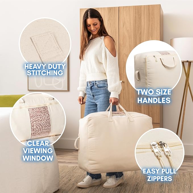 Soft Canvas Storage Bags with Zipper. Thick Breathable, 1pc King/Queen Comforter Organizer. Four Carrying Handles and Window. Large 25x19x9in Bag for Sheets Blankets Bedding Pillows, Clothes (Grey) - Image 5