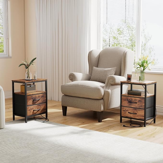 OLIXIS Nightstand with Charging Station, Beside Table with Fabric Drawers | 3-Tier End Table Set of 2 with Storage Shelf, Night Stand with USB Ports and Outlets for Bedroom, Rustic Brown - Image 2